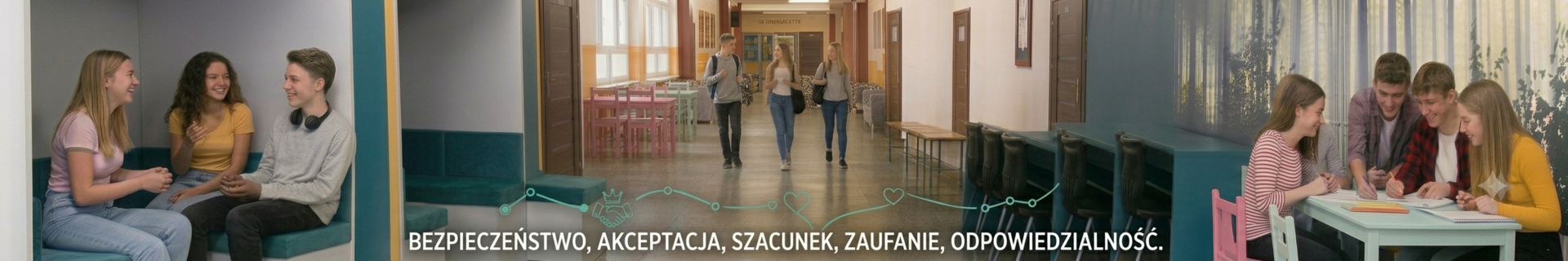 Zdjecie szkolnego korytarza i napisy z wartościami