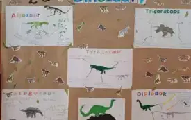 Na zdjęciu uczniowie przegotowują projekt o dinozaurach.