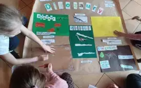 Na zdjęciu uczniowie przegotowują projekt o dinozaurach.