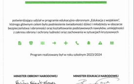 Zdjęcia przedsatwia certyfikat udziału w przedsięwzięcu Edukacja z wojskiem.