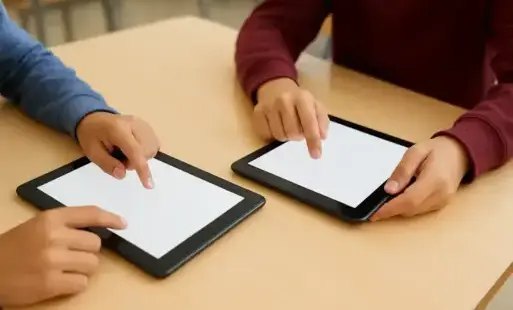 Na zdjęciu uczniowie z tabletami
